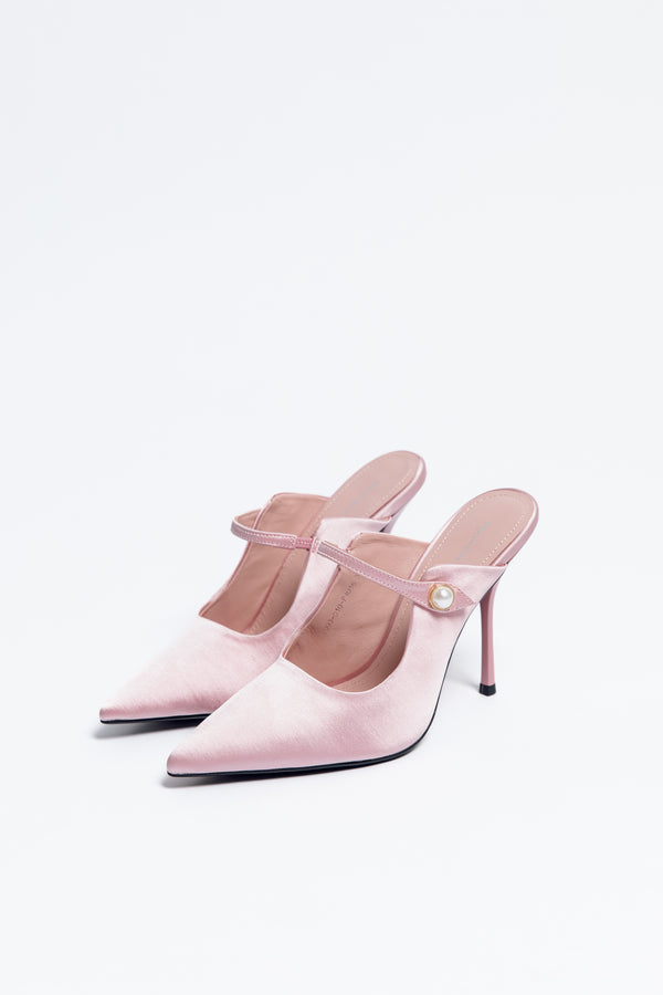 Norma Jeane Heel Satin & Sheepskin Leather with Pearl Buckle