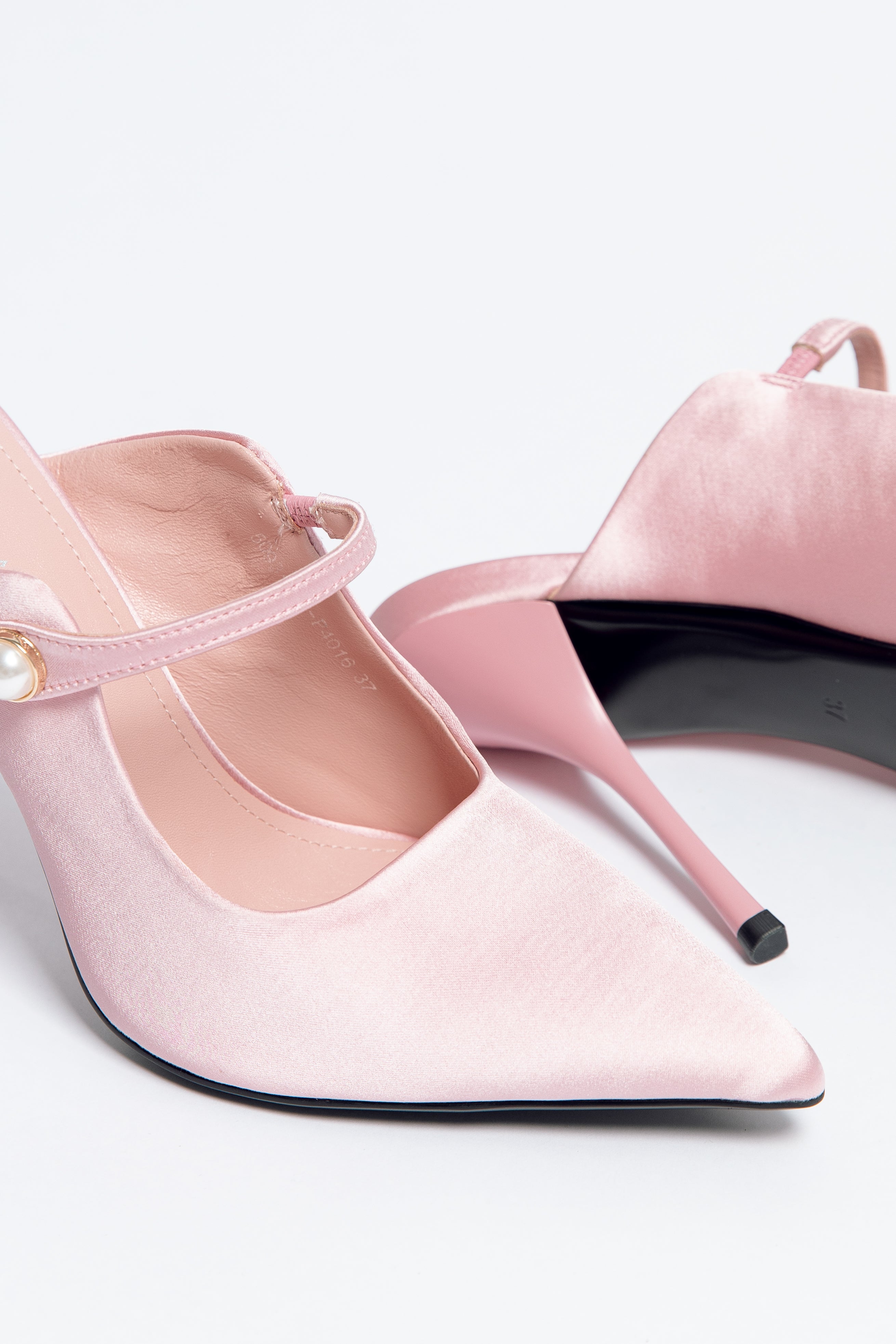 Norma Jeane Heel Pink Satin & Sheepskin Leather with Pearl Buckle
