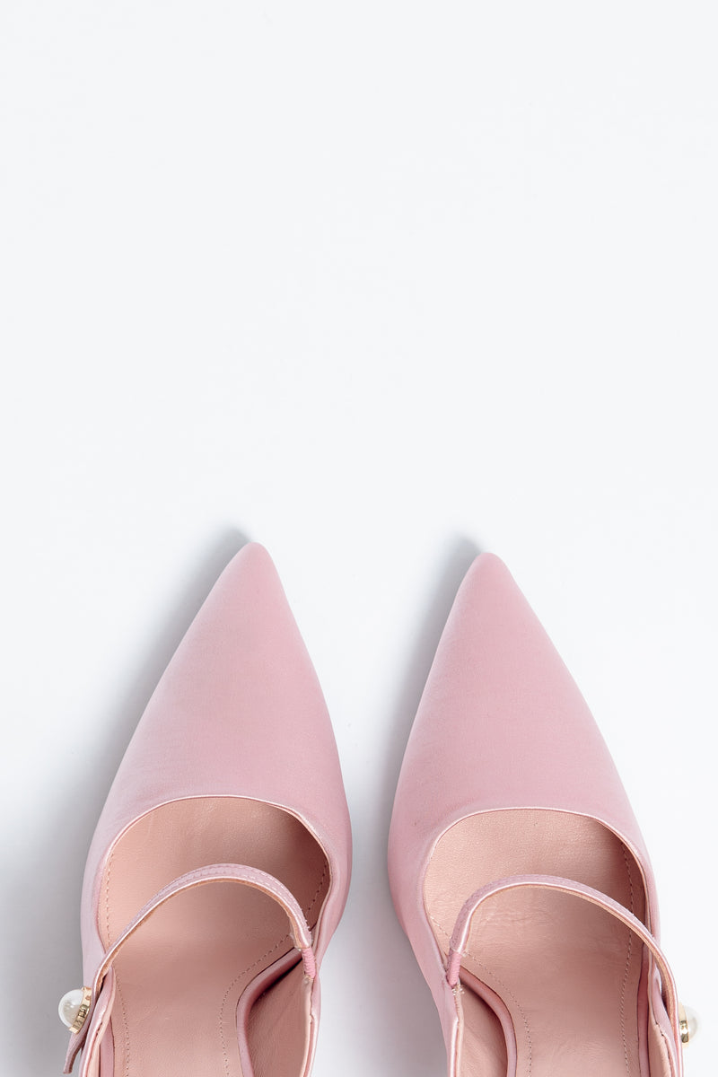 Norma Jeane Heel Satin & Sheepskin Leather with Pearl Buckle