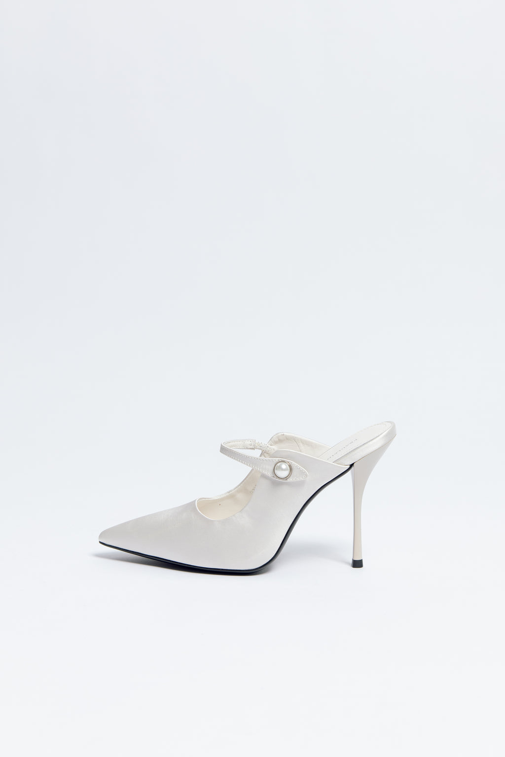 Norma Jeane Heel Ivory Satin & Sheepskin Leather with Pearl Buckle