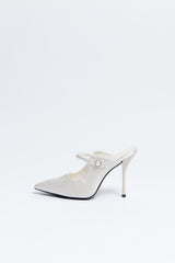 Norma Jeane Heel Satin & Sheepskin Leather with Pearl Buckle
