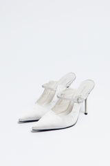 Norma Jeane Heel Satin & Sheepskin Leather with Pearl Buckle