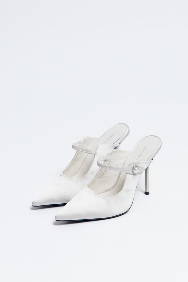 Norma Jeane Heel Satin & Sheepskin Leather with Pearl Buckle