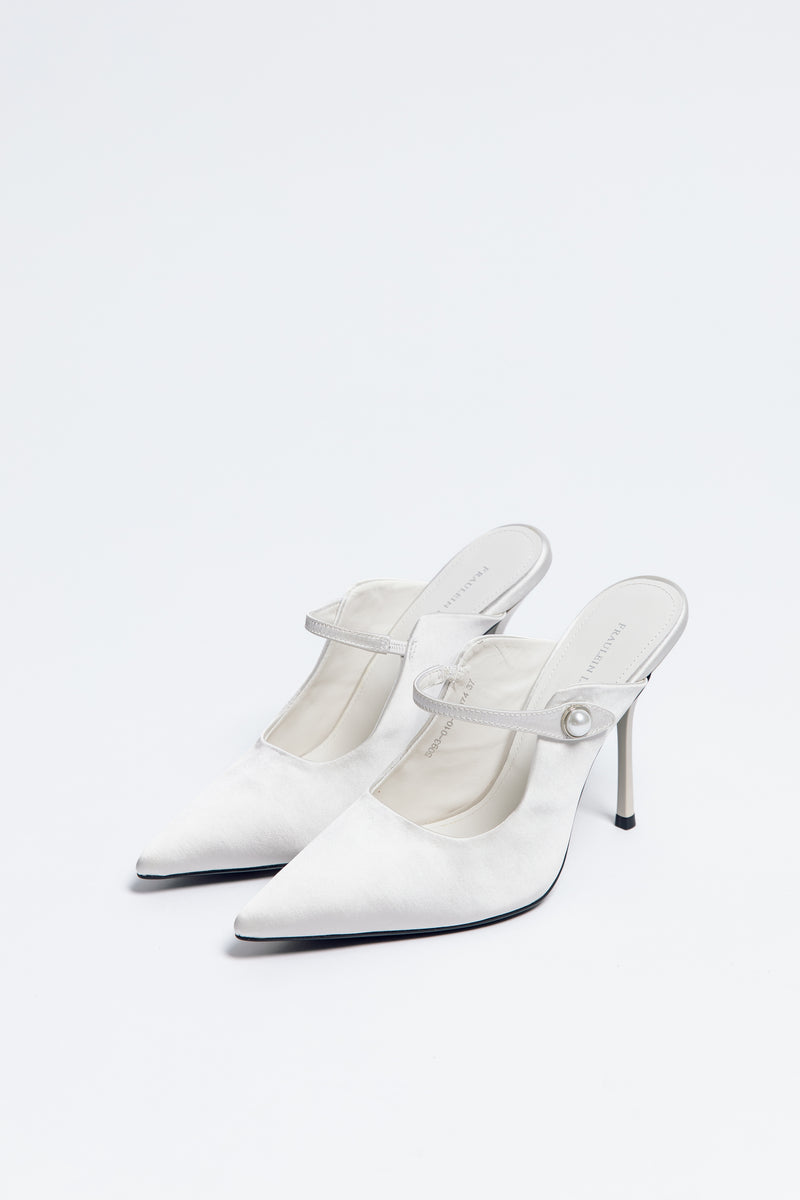 Norma Jeane Heel Satin & Sheepskin Leather with Pearl Buckle