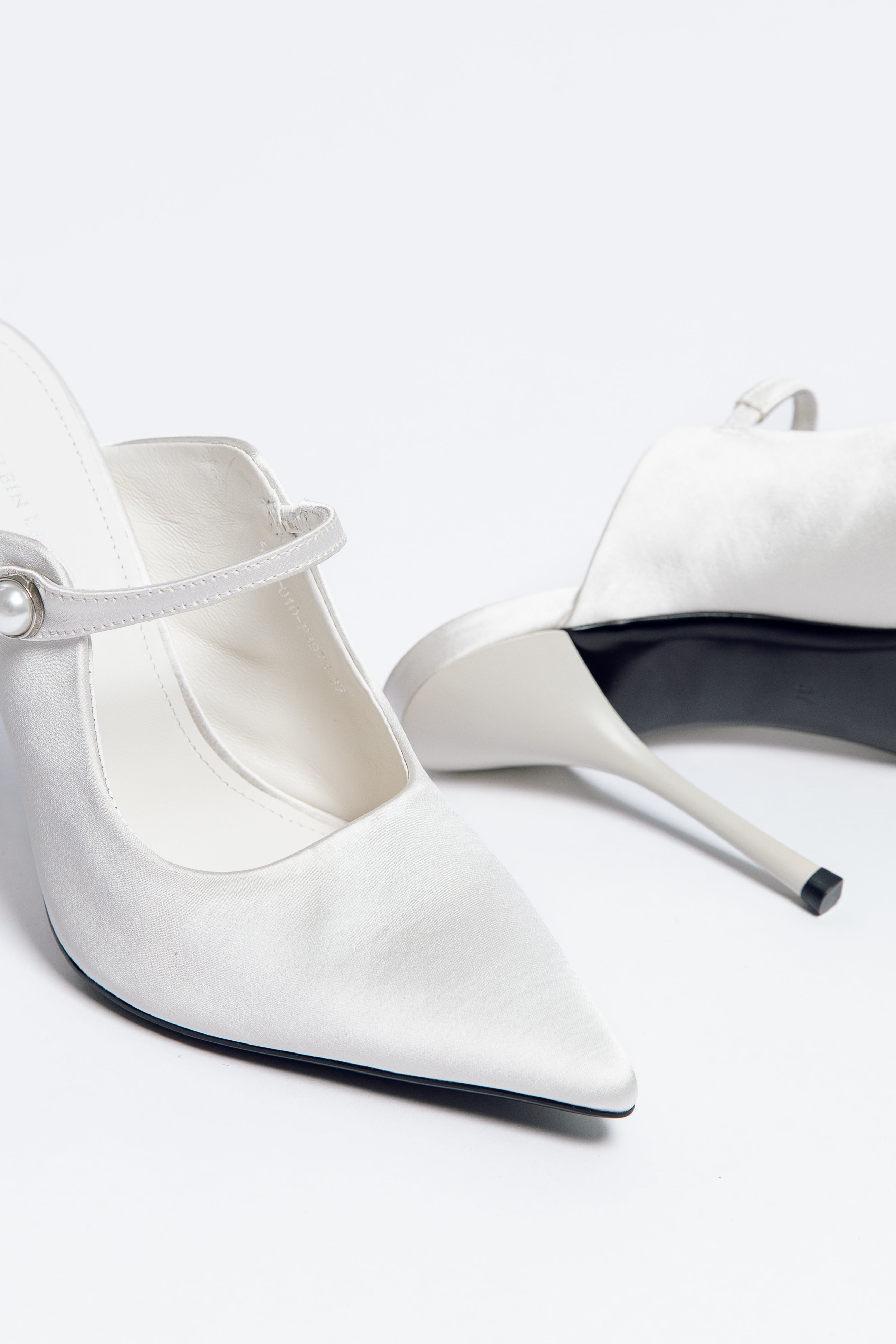 Norma Jeane Heel Ivory Satin & Sheepskin Leather with Pearl Buckle