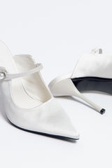 Norma Jeane Heel Satin & Sheepskin Leather with Pearl Buckle