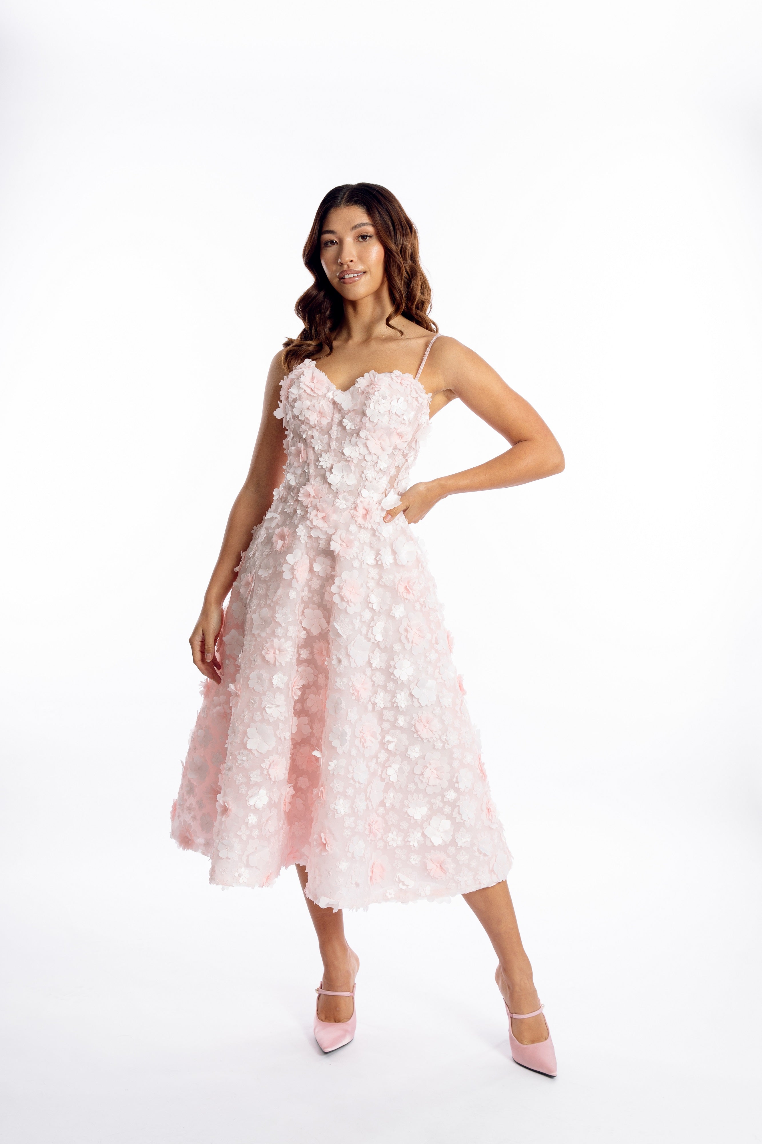 Fleur de Rêve Handmade 3D Flower Blush Midi Dress | Bridal Shower