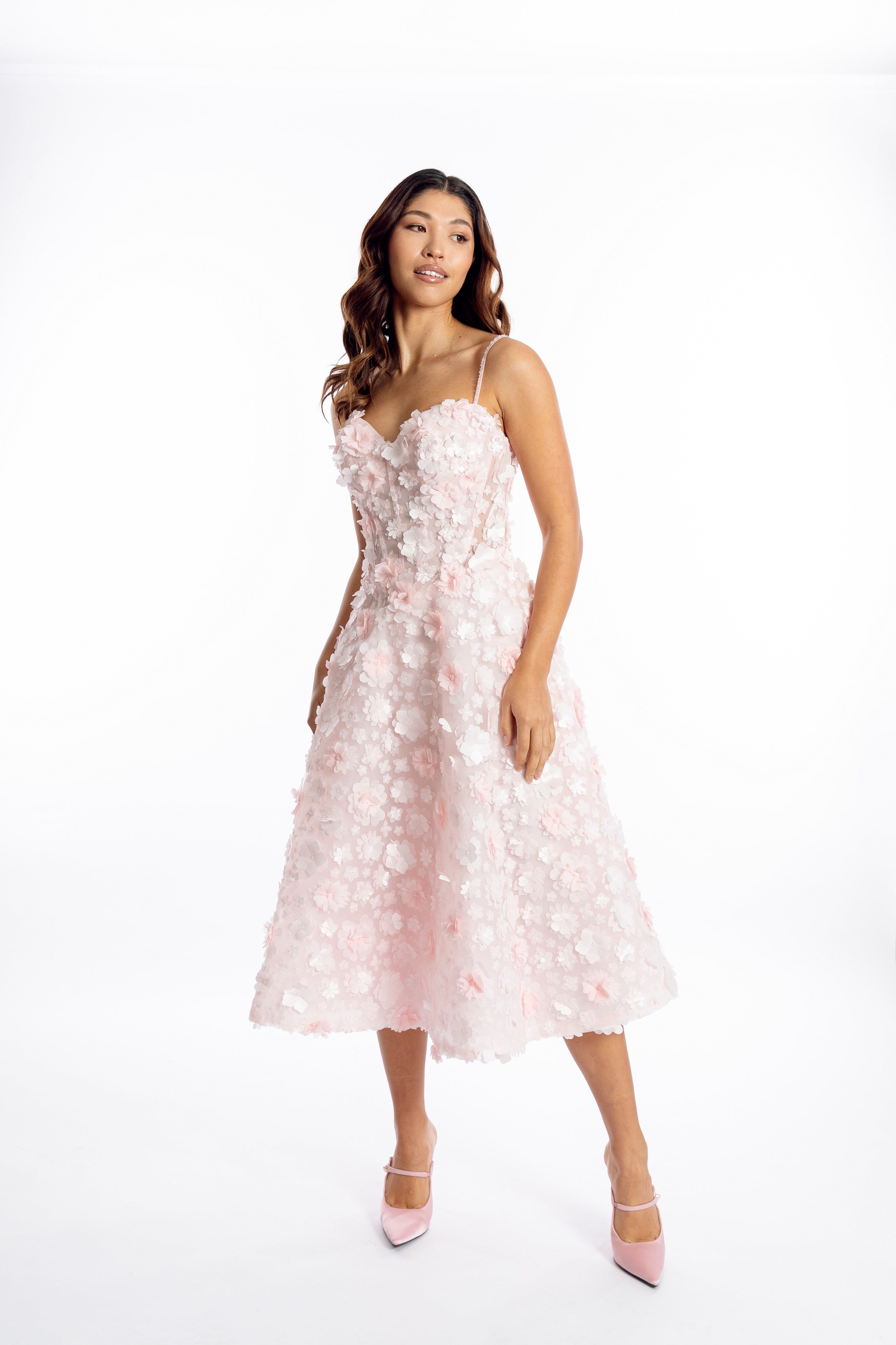 Fleur de Rêve Handmade 3D Flower Blush Midi Dress | Bridal Shower