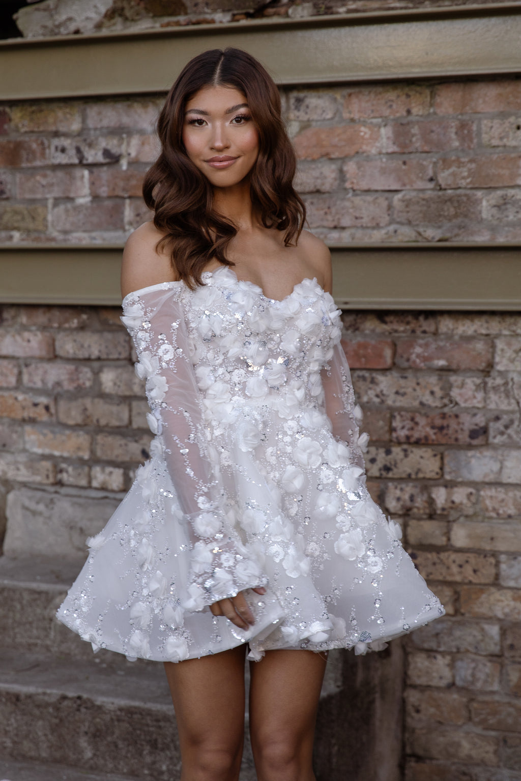 Short wedding dress -Jardin Princess 3D Flower Appliqué Mini Dress