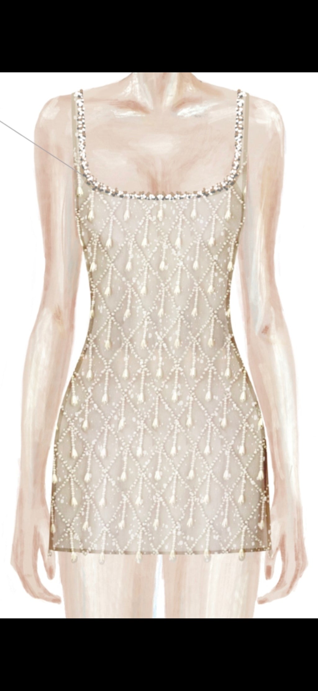 Diamant Fringe Pearl & shimmer Hand-Beaded Mini Dress